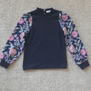 THML Navy Sweater with Floral Sleeves